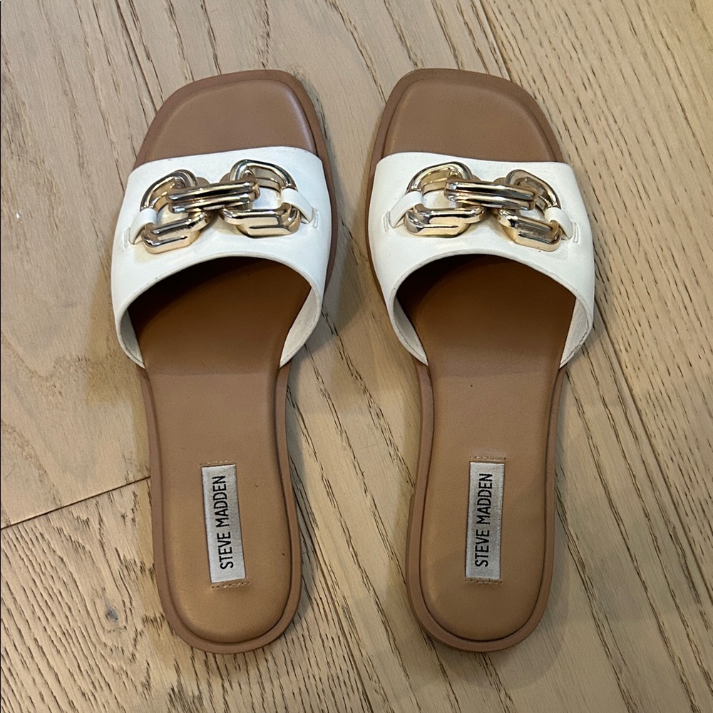 Steve Madden White and Gold Chain Slide Sandals